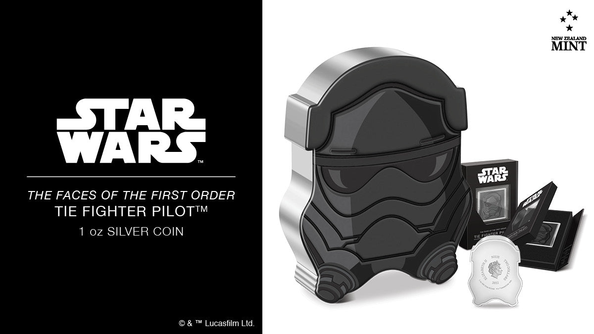 Here is the latest release in our Faces of the First Order™ coin collection! Made of 1oz pure silver, this coin has been coloured and shaped to display the helmet of a ruthless First Order TIE Fighter Pilot.