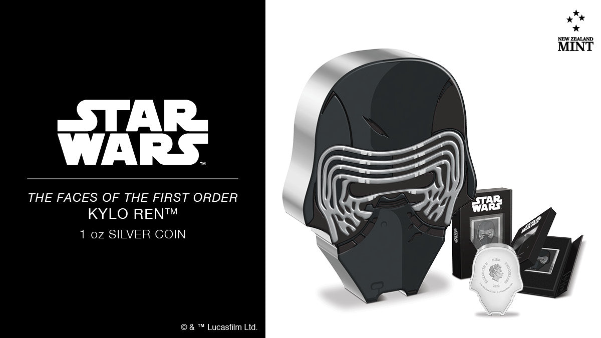 Following the fall of the Empire™, the First Order™ arises to reclaim the Imperial™ legacy. The Supreme Leader, Kylo Ren™ is deftly captured on this 1oz pure silver coin, which has been shaped and coloured to replicate his helmet. 