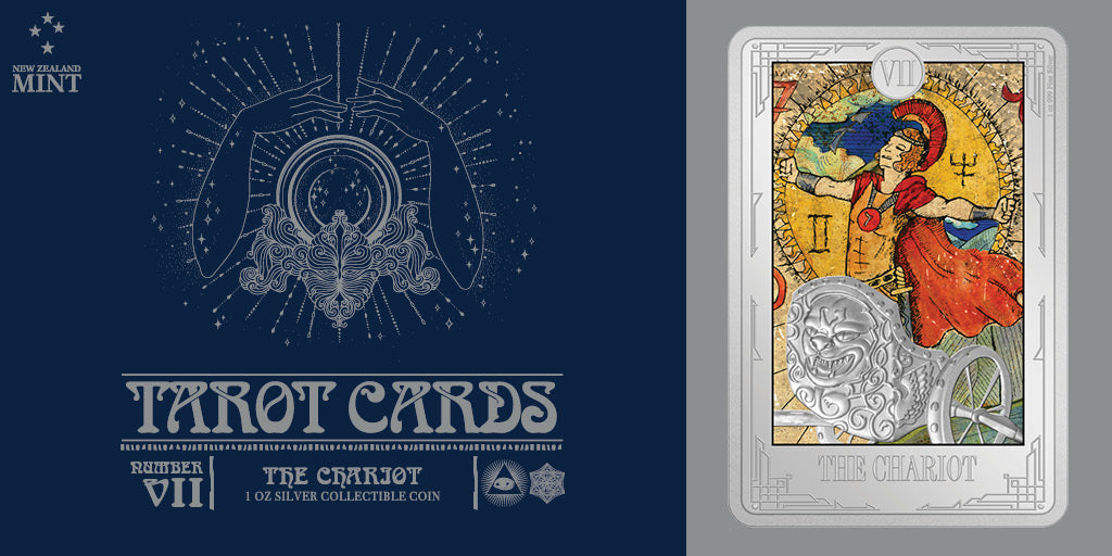 This 1oz pure silver coin features The Chariot, which is card number Seven in the emblematic Tarot cards collection known as the Major Arcana. This splendid piece has been coloured, engraved, and shaped to replicate the Tarot card.