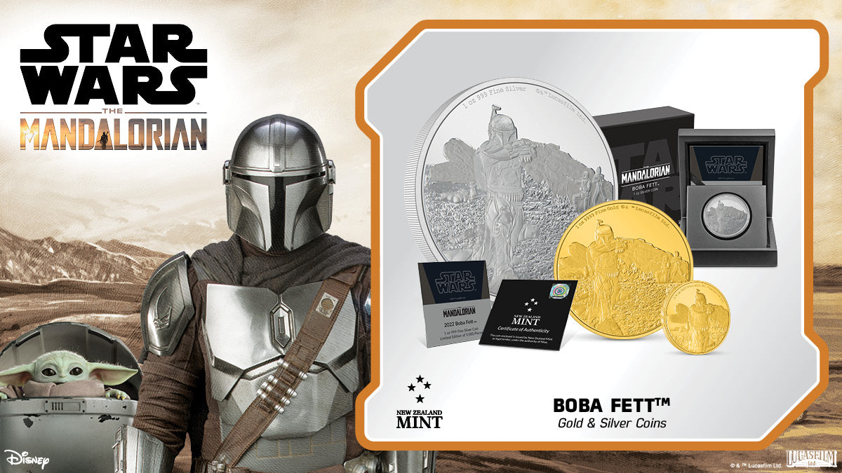 The fearsome bounty hunter has fought his way onto pure gold and silver coins, as part of The Mandalorian™ Classic Coin Collection! The coins feature an image of Boba Fett™ in deadly battle against the Stormtroopers.