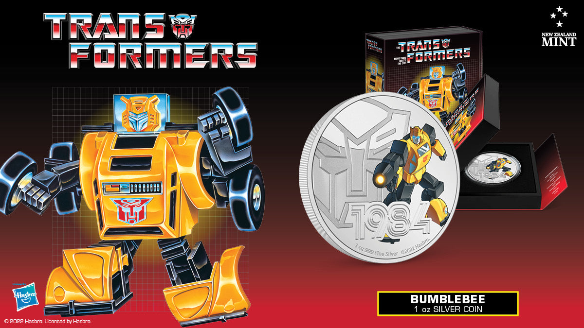 Bumblebee races onto this 1oz pure silver coin! Officially licensed, this un-bee-liveably epic piece features a coloured image of Bumblebee as seen in his debut. The year 1984 and The Transformers logo have been engraved and frosted.