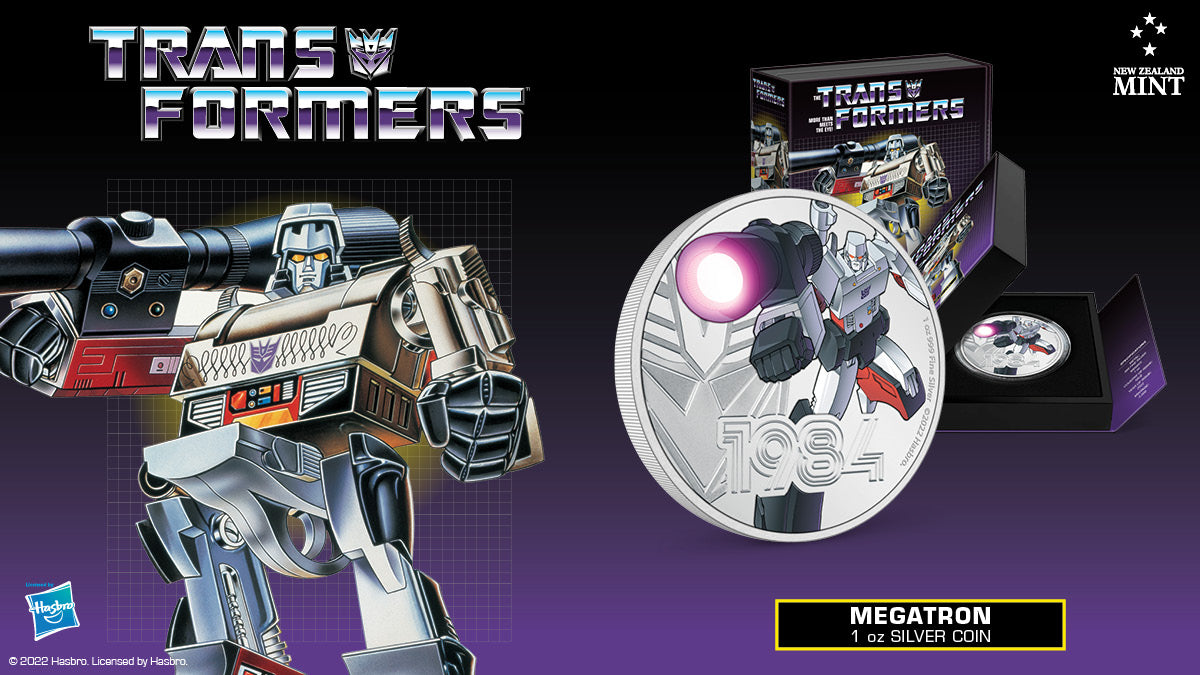 Officially licensed, this epic 1oz pure silver coin features Megatron as seen in his debut in the 1984 series, The Transformers. He is shown in full colour, parading his powerful battle stance, and holding his signature weapon – the Fusion Cannon.