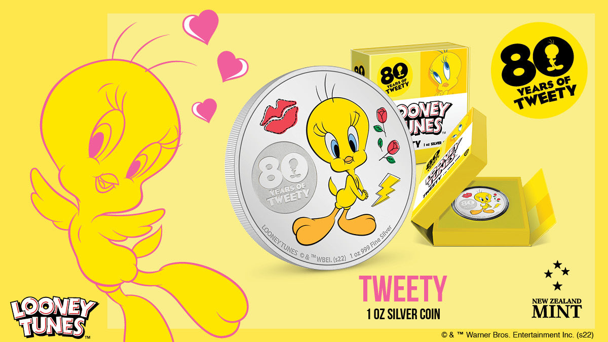 Made from 1oz of pure silver, this delightful anniversary coin features a coloured image of the adorable, yellow canary, Tweety. Each coin arrives in a custom-designed box, nestled in yellow velvet, specially made to match the adorable canary.