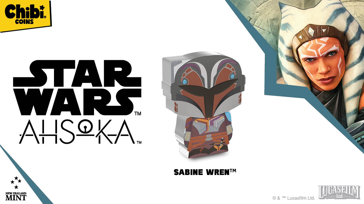 This 1oz pure silver Chibi® Coin honours Sabine Wren, as the first release in our new Star Wars: Ahsoka™ series. Coloured and shaped, the coin resembles the Rebel artist in her iconic Mandalorian armor and Nite Owl helmet.