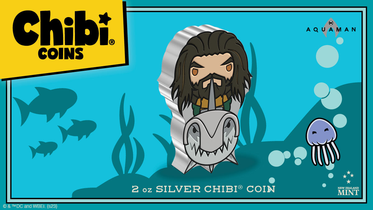 This 2oz pure silver Chibi® Coin resembles AQUAMAN™ riding his shark as seen in the 2018 film, Aquaman™. Fully coloured and shaped, the design includes some relief to bring this legend to life.