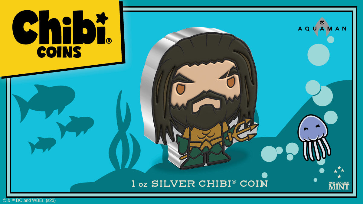 Ready your tridents! From the ocean emerges this fantastic 1oz pure silver Chibi® Coin of AQUAMAN™ from the 2018 film of the same name. It is coloured and shaped to show the sea king’s iconic gold and green get up and holding the Trident of Atlan.
