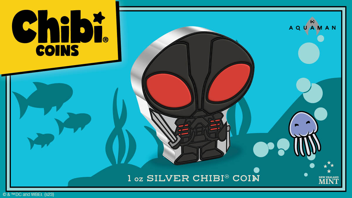 Scourge of the seven seas, BLACK MANTA™, has arrived on our latest Chibi® Coin. The coin is coloured and shaped to resemble him in his specialized diving suit, menacing black and red helmet and holding his sword, as seen in the 2018 film, Aquaman.