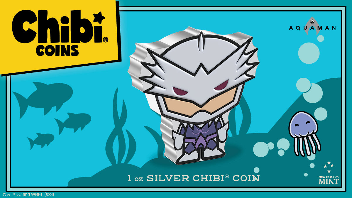 This 1oz pure silver Chibi® Coin features the bloodthirsty prince of Atlantis, ORM™! Coloured and shaped, he is shown in his notable purple and silver suit, as seen in the 2018 film, Aquaman™.