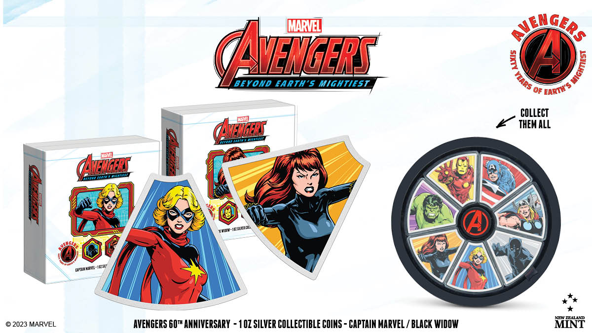 New 1oz pure silver coins featuring Captain Marvel and Black Widow — as part of our Avengers’ 60th anniversary coin series. The designs show the iconic Super Heroines in splendid colour, capturing their courage and resilience.