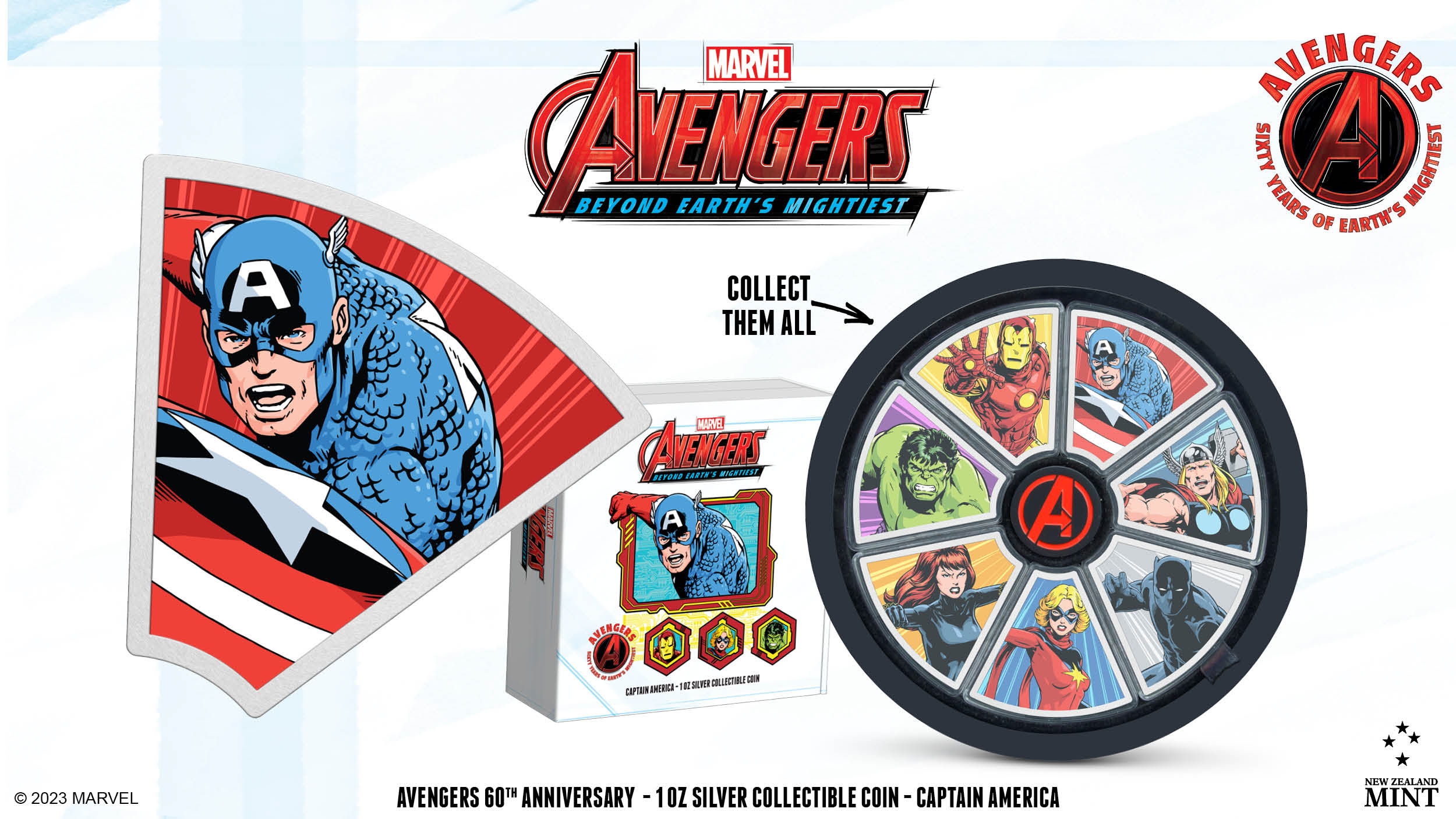 To celebrate The Avengers 60th anniversary, we introduce a special new 1oz pure silver coin series. Of course, we had to kick it off with Captain America! It is designed with epic colour to show the iconic shield-wielding hero in a powerful pose.