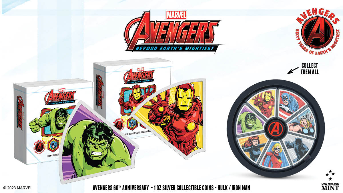 We have two new 1oz pure silver coins to continue your Avengers 60th Anniversary collection! Featuring Marvel's Iron Man and Hulk, the coins are shaped like a wedge and when collected with the others in the series, they form a multi-circular set!
