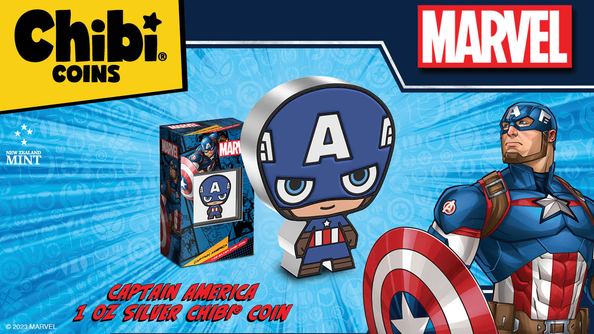 Minted in detailed coloured and uniquely shaped, this 1oz pure silver Chibi® Coin resembles Captain America wearing his famous blue, white and red suit, standing ready as a symbol of the American spirit!