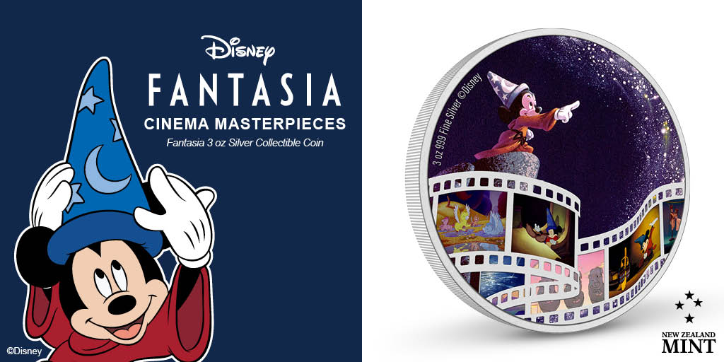 As part of our Disney Cinema Masterpieces series, this 3oz pure silver coin serves as a gateway to the spellbinding Disney classic. Fantasia. The coloured design showcases the enchanting Sorcerer’s Apprentice sequence featuring Disney’s Mickey Mouse.