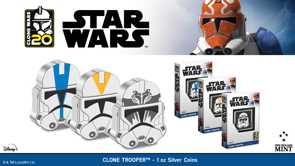 Each 1oz pure silver coin is uniquely shaped and coloured to show the intricately designed helmets of the 104th Attack Battalion, the 212th Battalion, and the 501st Legion clone troopers. Commemorate the 20th anniversary today!