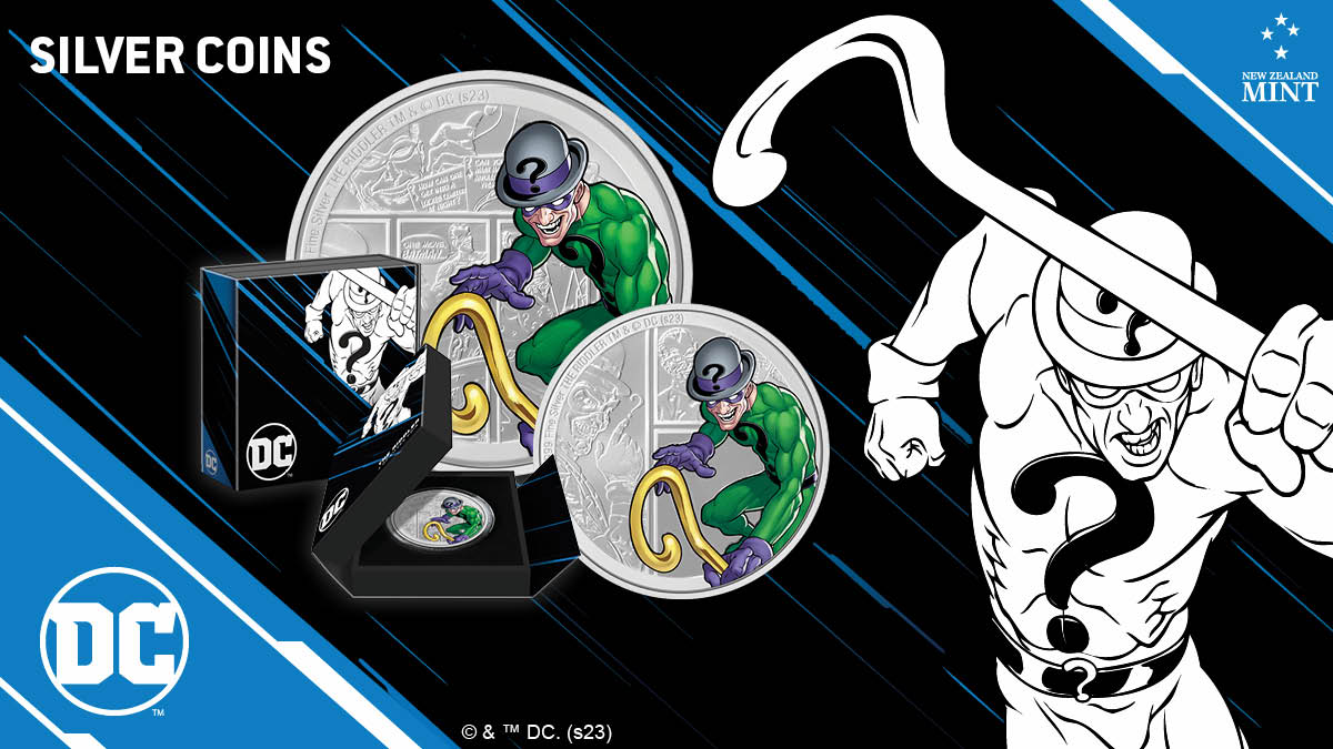 Step into the realm of puzzles and intrigue as we unveil a collectible treasure that captures the enigmatic essence of the RIDDLER™. Minted from pure silver, the design features the Prince of Puzzles in colour and striking engraving.