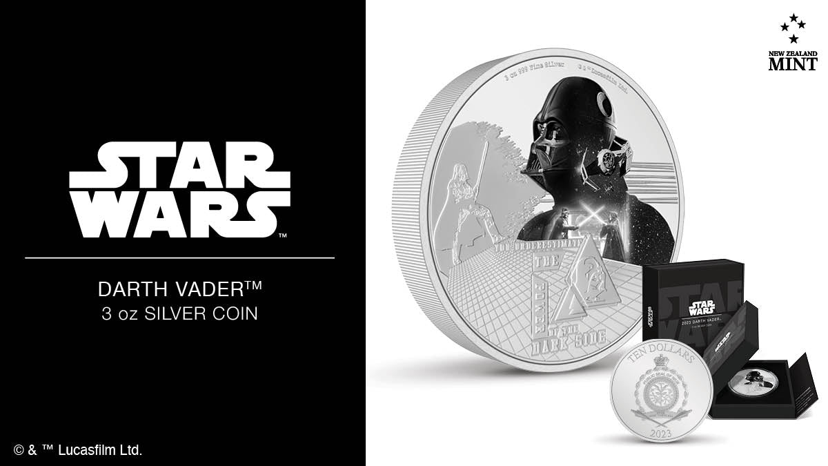 3oz of pure silver, this coin features a coloured portrait of Darth Vader™ with brilliant detailing of the Death Star™ on his helmet. Detailed motifs have been engraved and include one of his many memorable quotes.