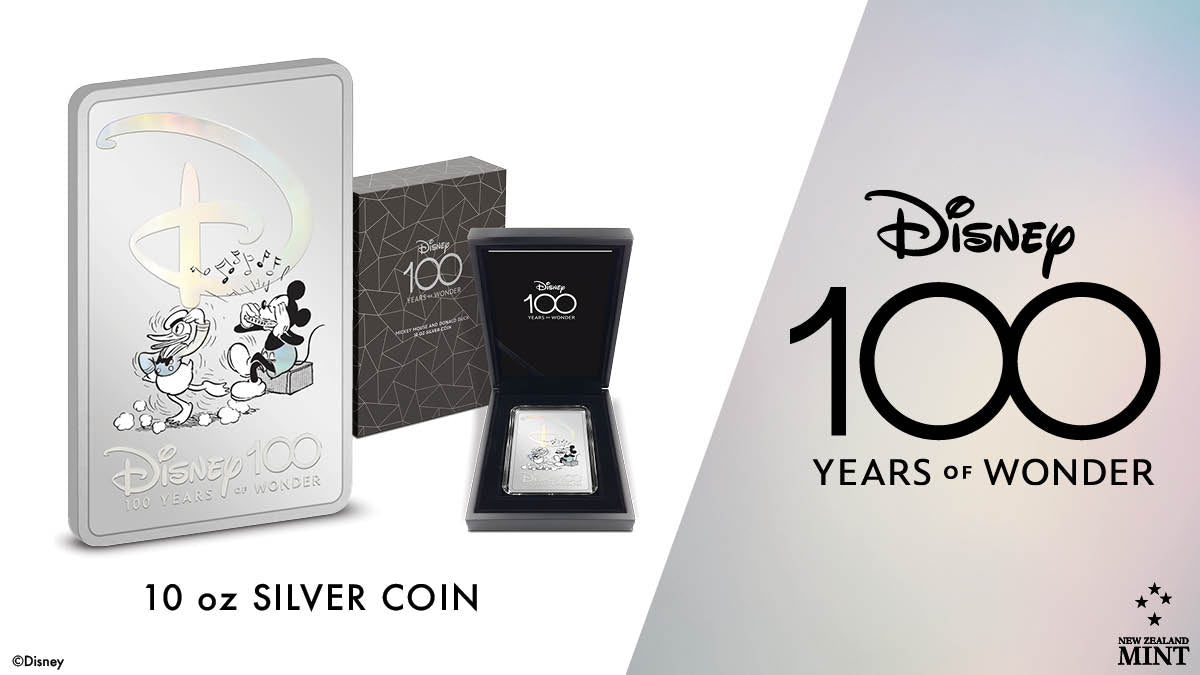The next BIG 10oz pure silver coin in our Disney 100 Years of Wonder celebratory series is here! The stunning design highlights a cute image of the beloved best friends, Disney’s Mickey Mouse and Donald Duck, in colour with pops of iridescence.