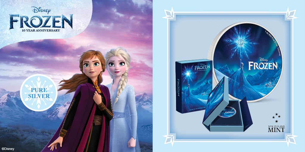 New 1oz pure silver coin to celebrate 10 years of Disney’s Frozen! The design displays a coloured image of Elsa unleashing her magic. The film title and Disney logo have been frosted as a beautiful contrast, while a blue stone adds further charm.