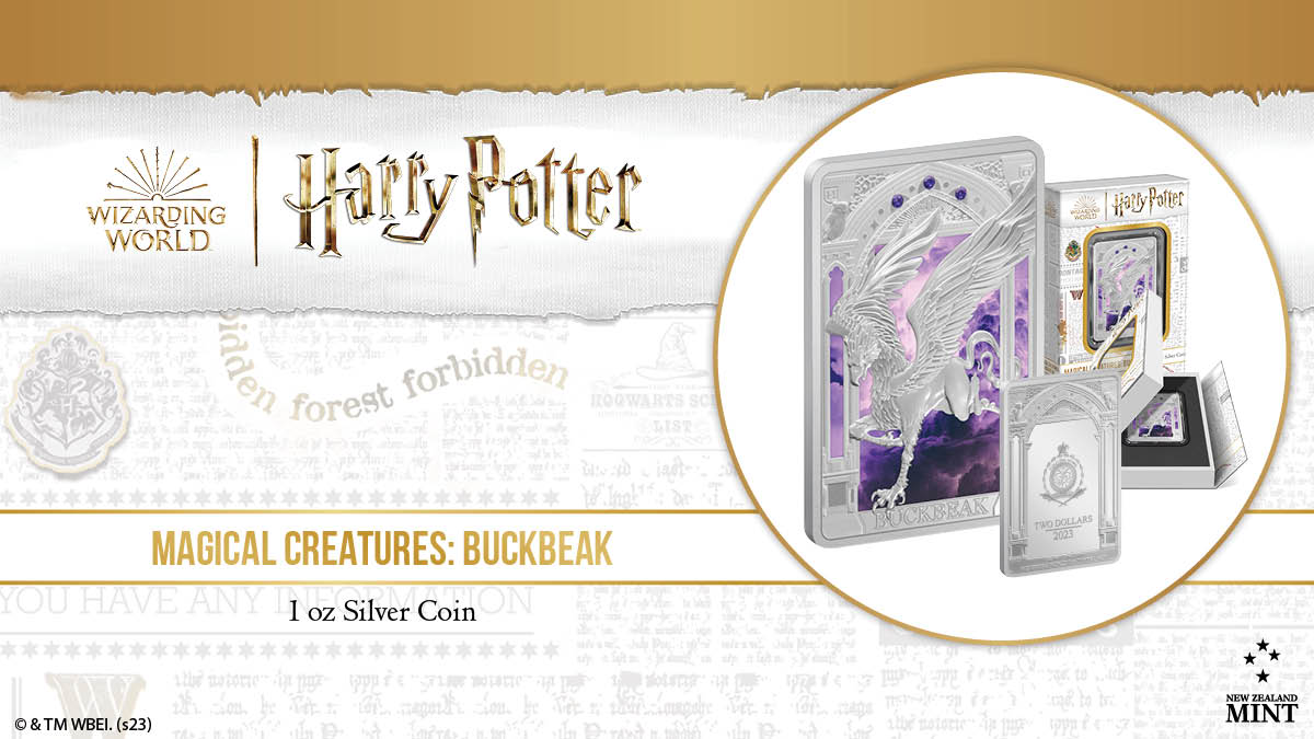 The coin's centre showcases Buckbeak in a frosted finish, lending a captivating textured appearance to the design. Contrasting the frosted image is a vibrant, purple-coloured background.