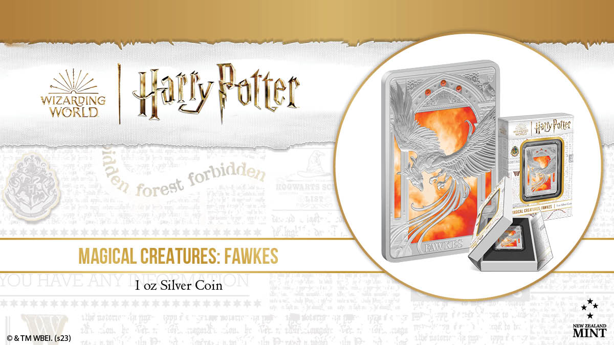 We introduce a new 1oz pure silver coin series called Magical Creatures, and the first release features the magnificent Phoenix, Fawkes! The enchanting rectangular coin displays a frosted image of the noble and intelligent creature in all his splendour.