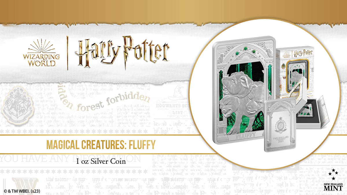 Prepare to be transported to the Wizarding World with this enchanting Magical Creatures coin! Minted from 1oz pure silver, it features the monstrous Fluffy™. The rectangular coin highlights a frosted engraving of the vicious three-headed dog.