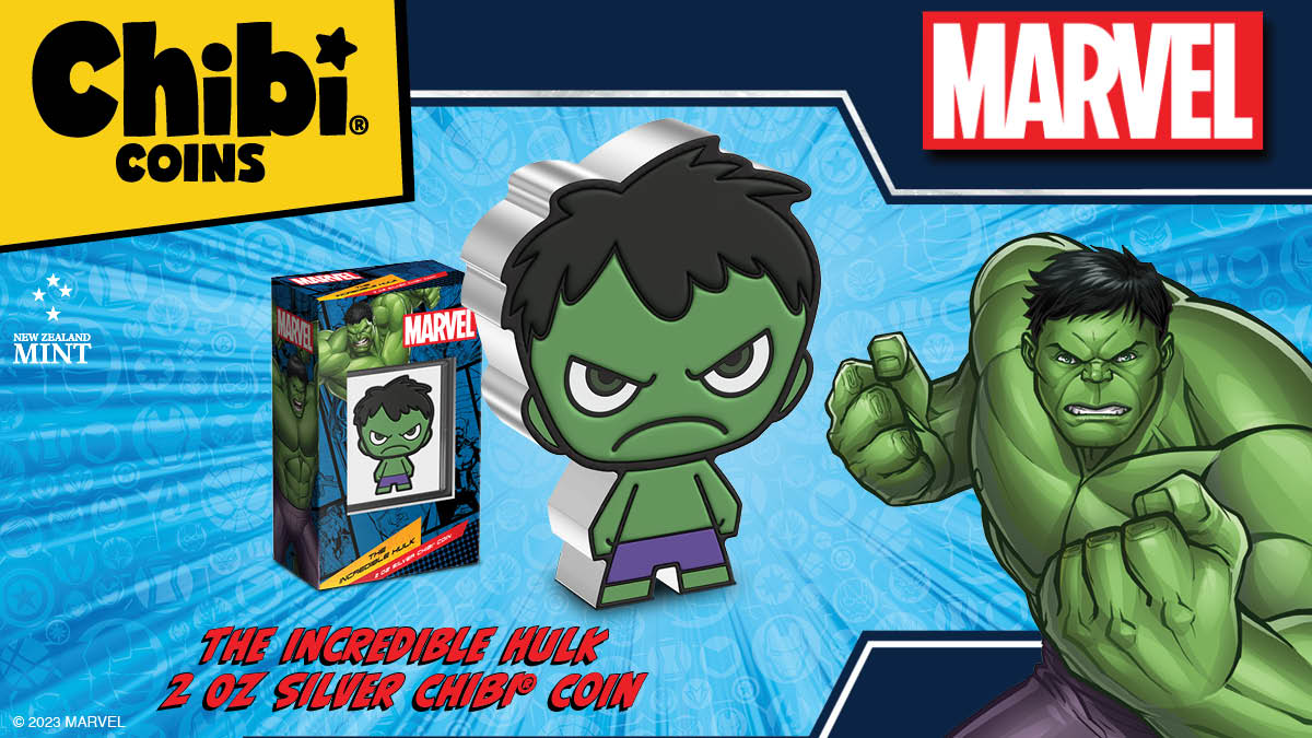 Our first MEGA-size 2oz pure silver Chibi® Coin for Marvel is here! Uniquely shaped and coloured, it shows The Incredible Hulk in a powerful stance, full of rage! To give an awesome 3D effect, relief has been added to the design.