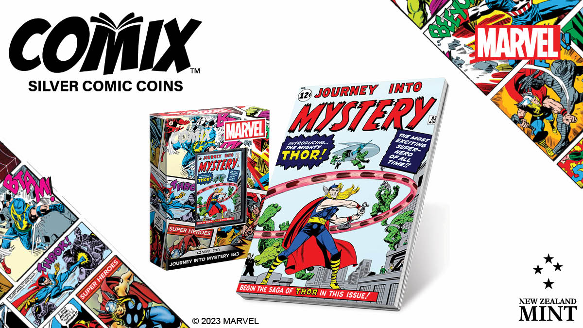 1oz and 2oz pure silver, these COMIX™ Coins are coloured to showcase the cover of the Journey into Mystery #83 comic. To resemble a comic book, both have been crafted into a rectangular shape and feature vivid colour.