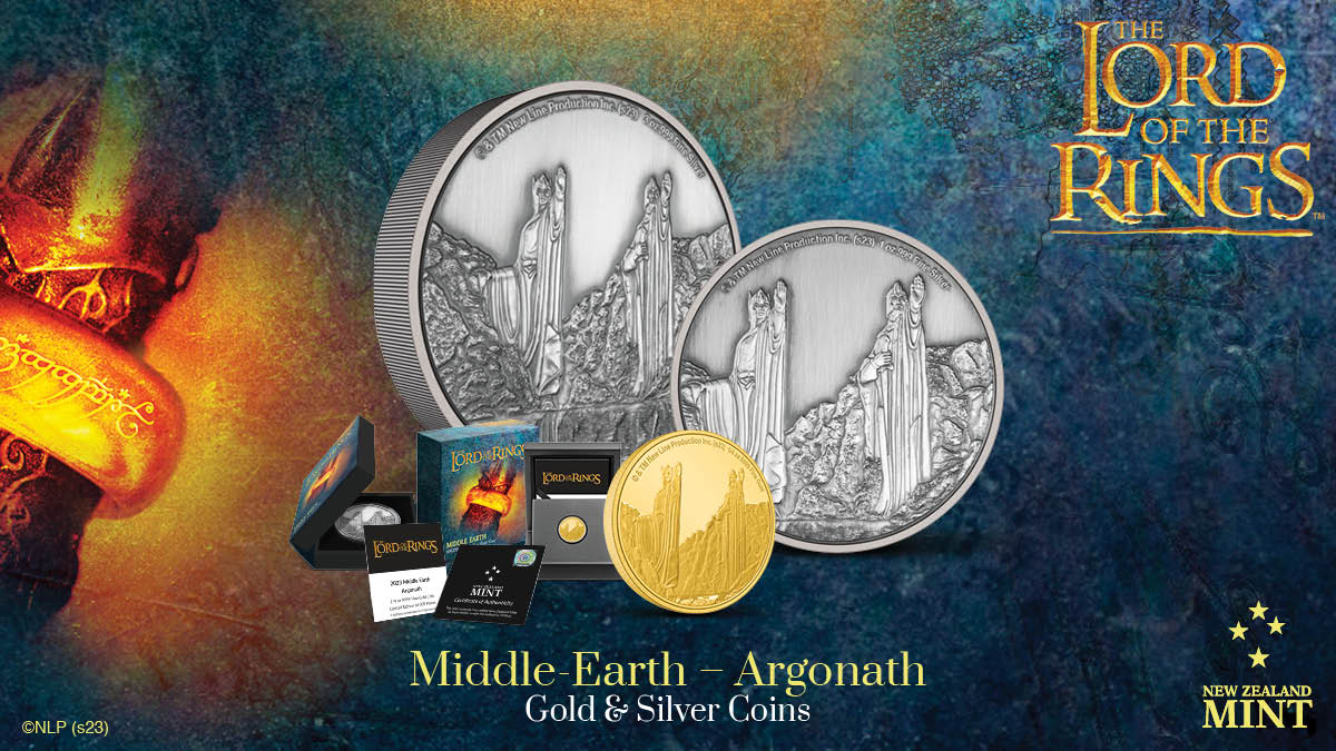 The latest pure gold and silver coins in our awesome THE LORD OF THE RINGS™ Middle-earth series feature the impressive Argonath in Gondor. Each coin is fully engraved with added relief which is lighter at the bottom to mimic the water reflection!