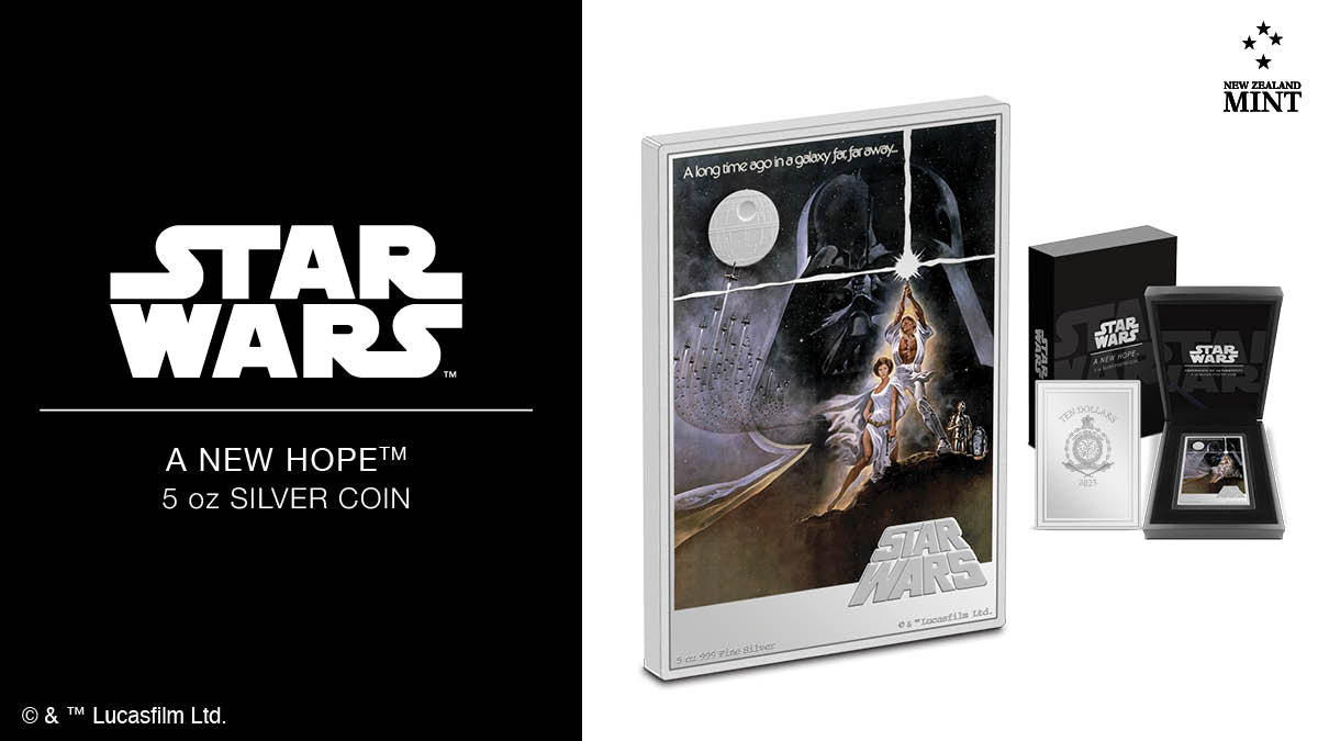 The first release in our exciting new mega Star Wars™ poster coin series is here! This time we’re going BIG with 5oz pure silver coins, each one with a tiny mintage of just 200! This coin shows the famous movie poster of A New Hope from 1977.