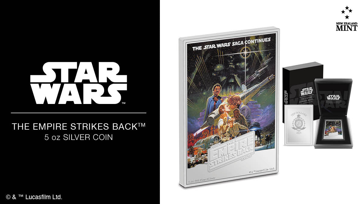 Our next mega-poster coin is here! 5oz of stunning pure silver with a tiny worldwide mintage of just 200, the rectangular-shaped coin shows the iconic movie poster of Star Wars: The Empire Strikes Back™ from the film’s release in 1980.