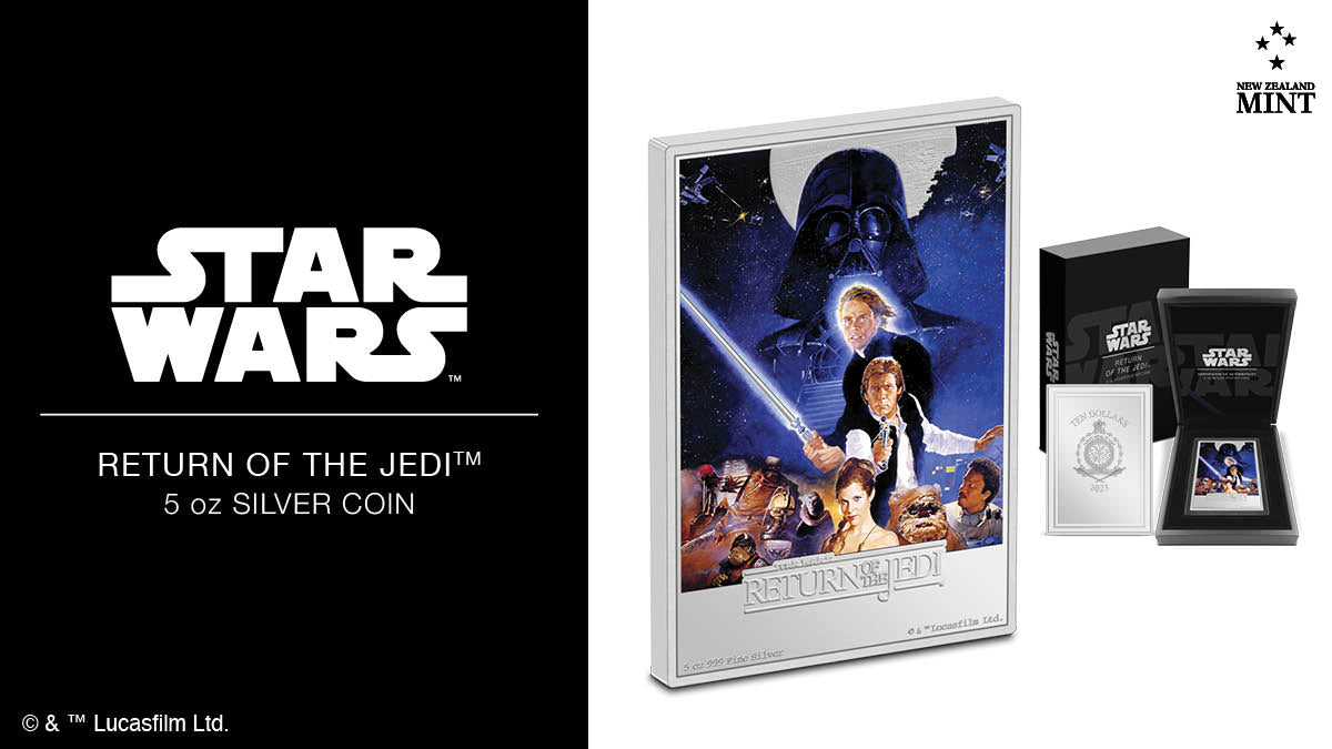 The third release in our Star Wars™ poster coin series has emerged! It’s crafted from a HUGE 5oz of pure silver and has a limited release of just 200! The rectangular-shaped coin artfully captures the movie poster of Star Wars: Return of the Jedi™.