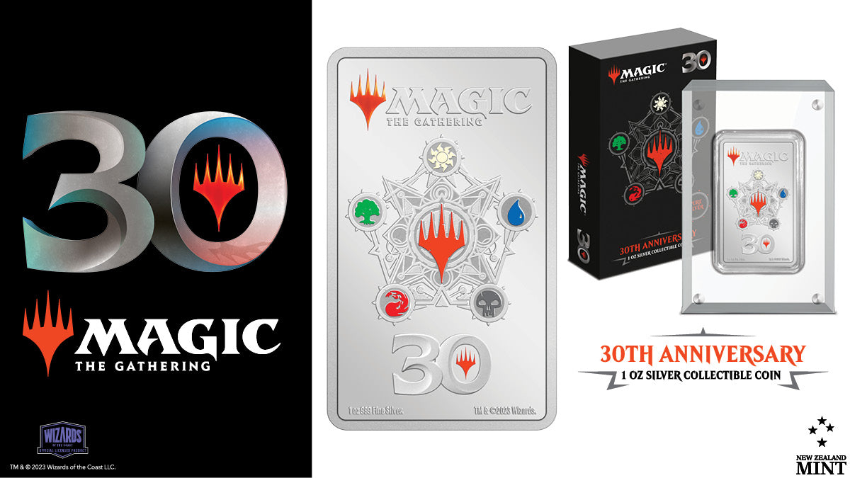 It’s been 30 years of Magic: The Gathering and this special 1oz pure silver coin is the perfect way to celebrate! The coin displays detailed artwork inspired by the game. The contrasting colour and frosted engraving create a vibrant effect.