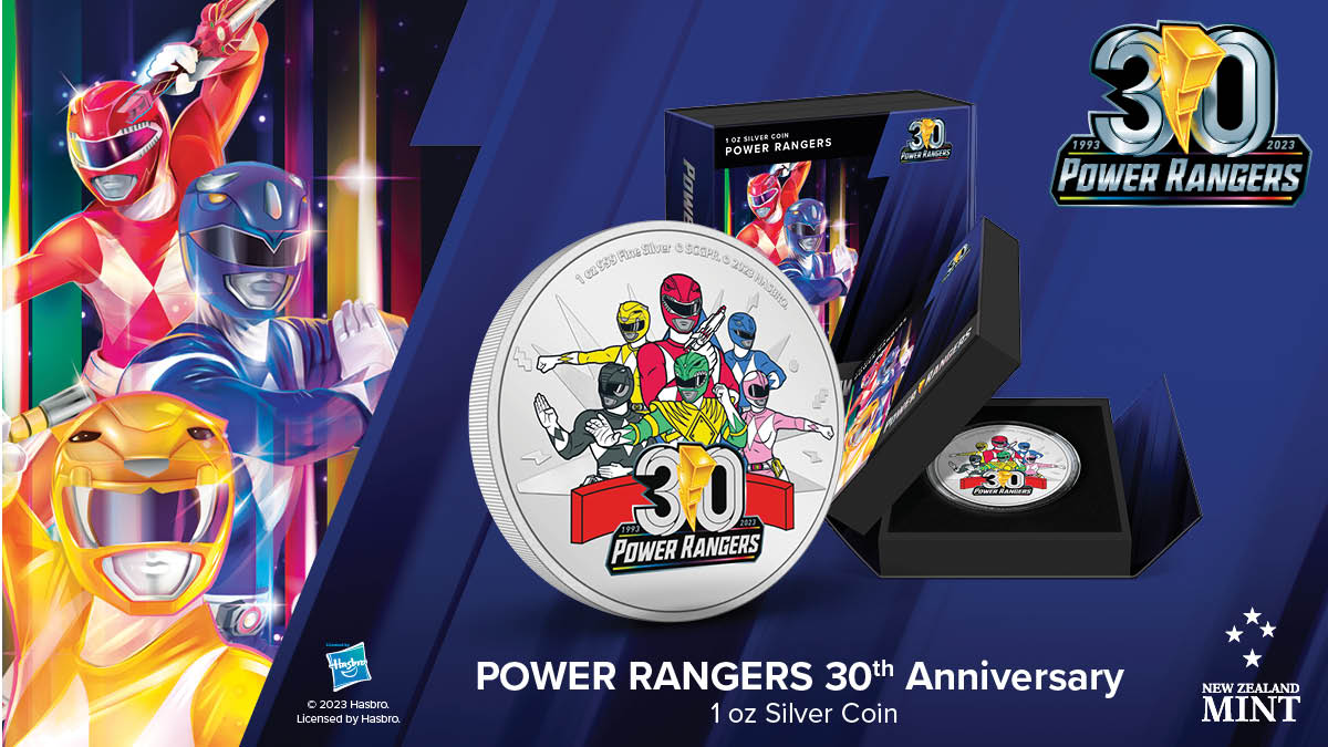 Celebrate the 30th anniversary of the Power Rangers with this super 1oz pure silver coin. The front of the coin shows them posing heroically, with each character depicted in their respective colour.