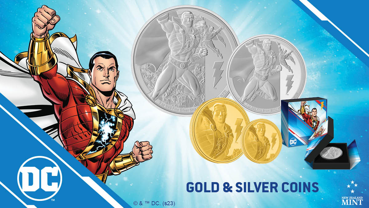 Fans and collectors alike can celebrate the magic of SHAZAM™ with four exceptional pieces of artistry: the SHAZAM pure silver and gold coins! Each coin shows a meticulously designed image of the hero using detailed engraving.