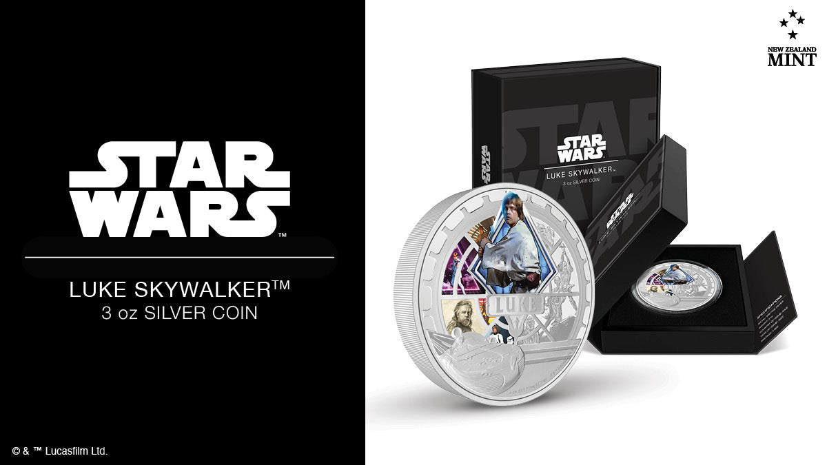 Our latest 3oz pure silver coin displays a collage of Luke Skywalker™ in a mix of eye-catching colour and detailed engraving, and the contrast is just brilliant! His name and the Rebel Alliance Starbird are included.