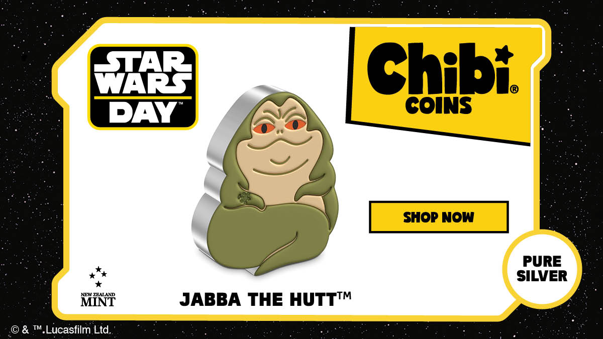 If you’re a Star Wars™ fan, you know that May the Fourth is a special day for the franchise. Celebrate with this MEGA-size 2oz pure silver Chibi® Coin which is coloured and shaped to resemble Jabba the Hutt™!