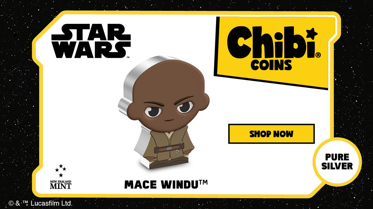 Officially licensed, this 1oz pure silver Star Wars™ Chibi® Coin is coloured and shaped to resemble Mace Windu™ wearing his brown Jedi robe and utility belt holding his Lightsaber.