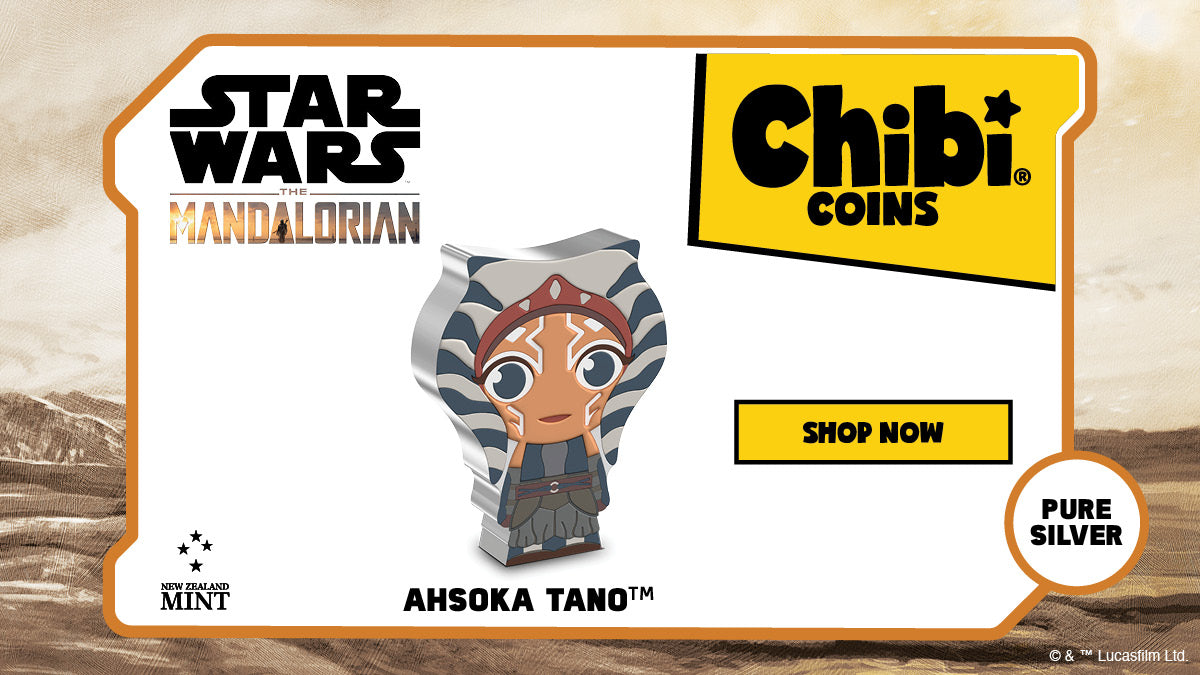 The 1oz pure silver Chibi® Coin is detailed to show Ahsoka Tano™. She is depicted with her distinctive facial markings, headdress, and sporting a blue combat outfit. Some relief has been applied to further bring this beloved character to life!