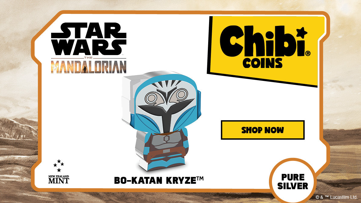 Made of 1oz pure silver, this Chibi® Coin is fully coloured and shaped to resemble the fierce and deadly warrior, Bo-Katan Kryze™. She is seen wearing her white and blue Mandalorian™ armour, which includes her Nite Owl helmet.