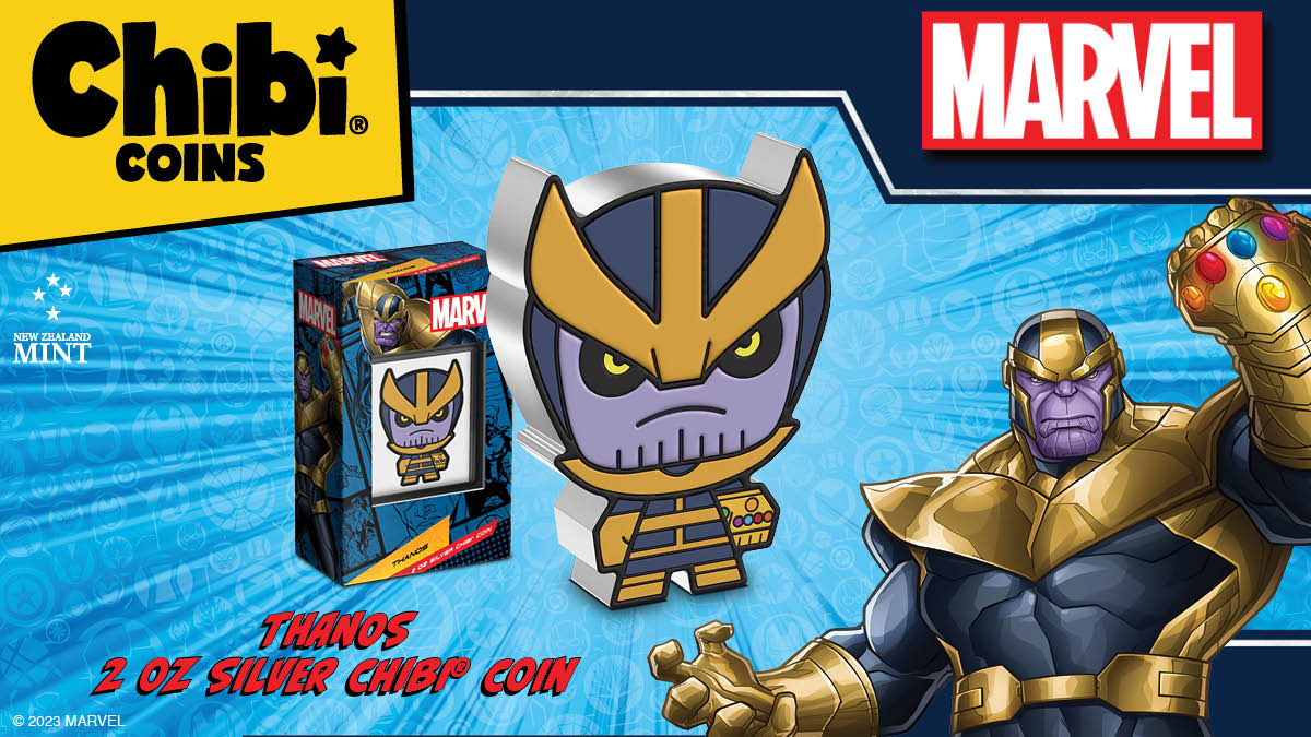 Behold the Thanos MEGA 2oz pure silver Marvel Chibi® Coin! The coin brings Thanos to life like never before. Expertly crafted, it showcases a stylised design, capturing his formidable presence and showcasing his helmet and gauntlet.