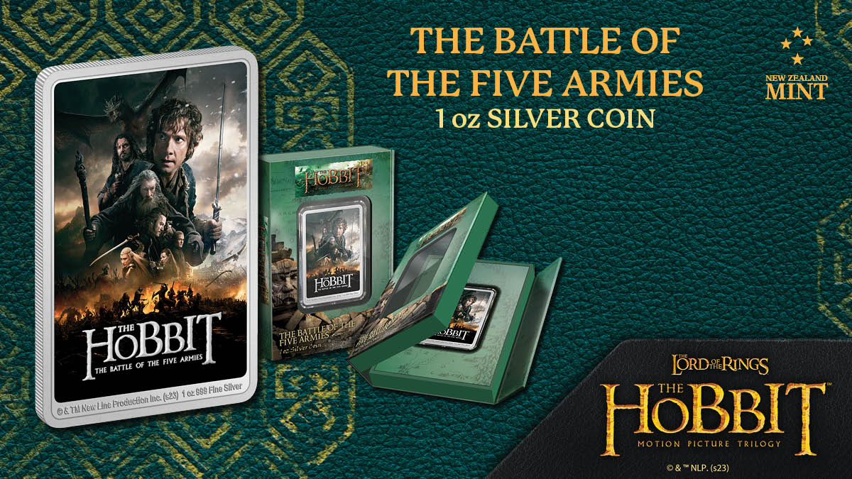 Experience The Hobbit: The Battle of the Five Armies through the lens of this 1oz pure silver coin. The sprawling battlefield, the characters in their epic poses, and the overall ambience of the film are intricately captured in stunning colour.