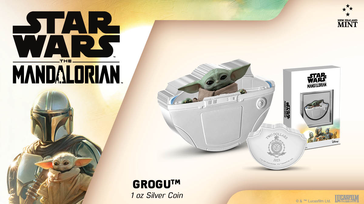 Introducing our latest 1oz pure silver Star Wars™ coin featuring a coloured Grogu wearing his beskar armour, tucked in his pram, which has been left engraved and frosted. Some parts have a shiny mirror-finish making them stand out.