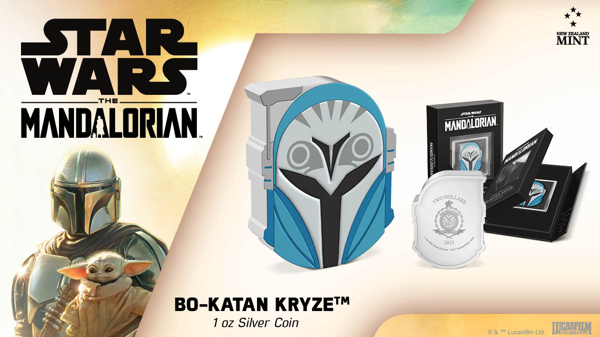 Celebrate a formidable warrior with our new coin inspired by Bo-Katan Kryze! Struck from 1oz of .999 silver, the coin is uniquely coloured and shaped to resemble Bo-Katan’s iconic helmet. Some frosting and a mirror finish have been applied.