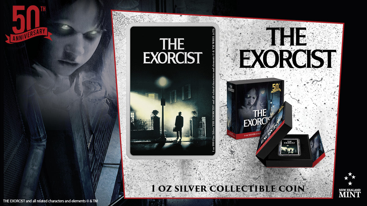 Commemorate the 50th anniversary of The Exorcist with this 1oz pure silver coin! The rectangular coin is coloured to resemble the film’s eerie theatrical poster. ‘The Exorcist’ title has been left engraved and frosted, allowing it to stand out.