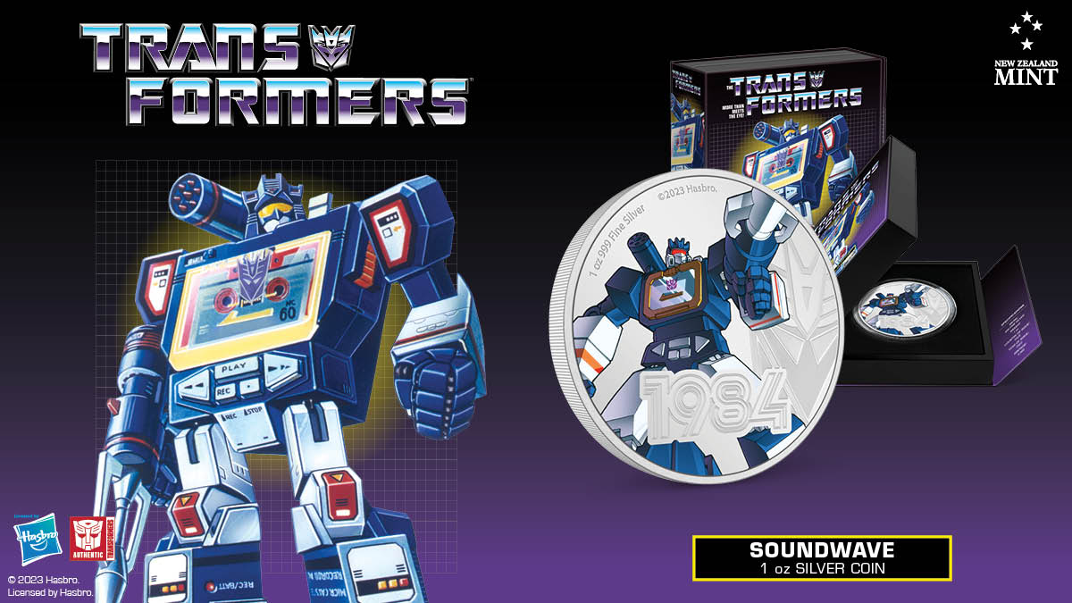 This 1oz pure silver coin features Soundwave as seen in his 1984 debut, highlighting his cassette recorder detailing and striking blue and silver colour! The year and Transformers logo have been engraved with relief and a frosted finish.