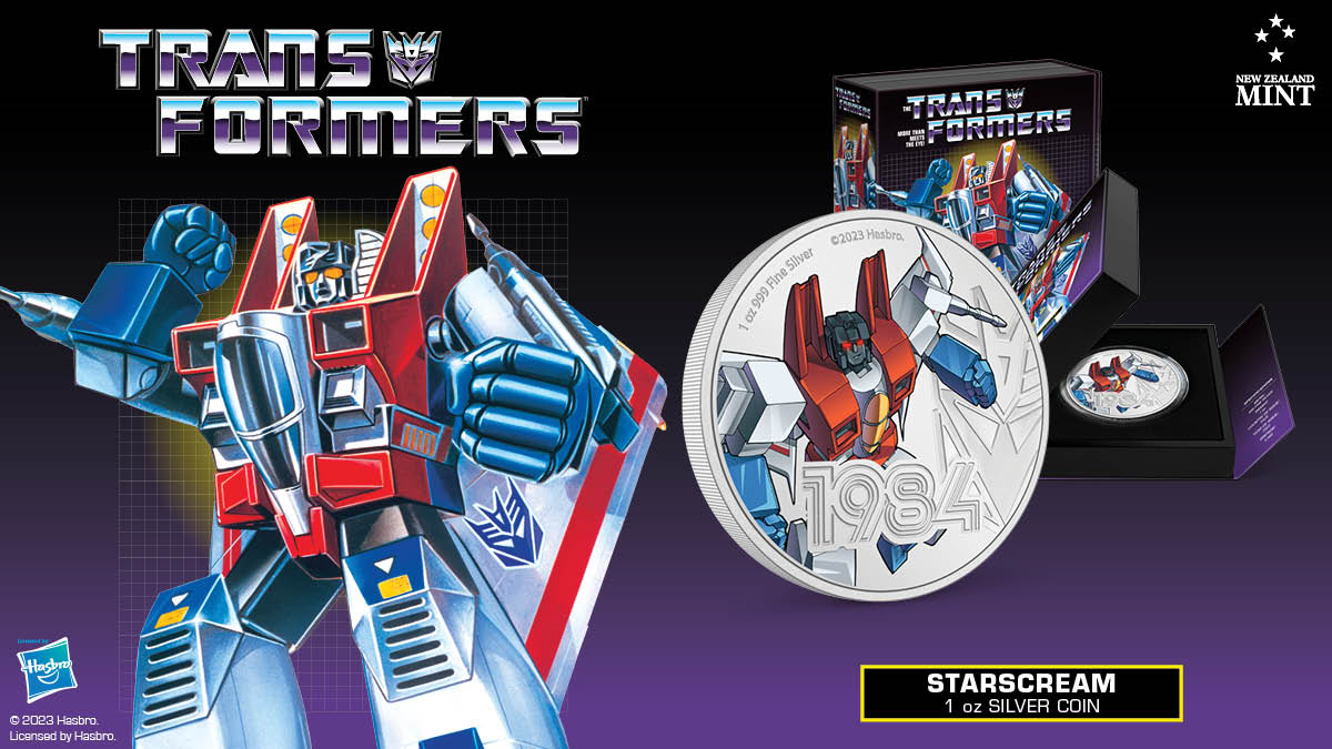 Officially licensed, this coin features a coloured image of Transformers Starscream as seen in his 1984 debut. The design highlights his sleek form, menacing gaze, and striking colour scheme — It’s sure to tingle your nostalgia!