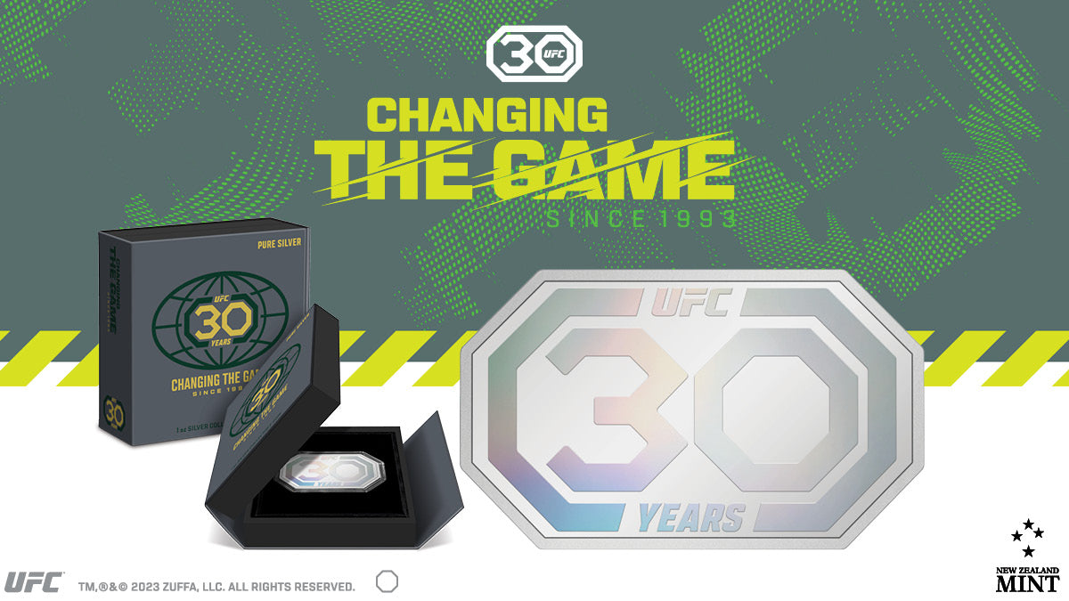 We are proud to unveil our first release for UFC®, a limited-edition 1oz pure silver coin that commemorates 30 years! Crafted with precision, the coin is shaped like an octagon symbolising the iconic competition mat.