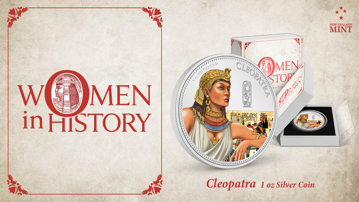 This 1oz pure silver coin features a coloured portrait of Cleopatra herself, adorned with her iconic headdress and intricate jewellery. Some frosted engravings and a mirror finish background have been applied for contrast.