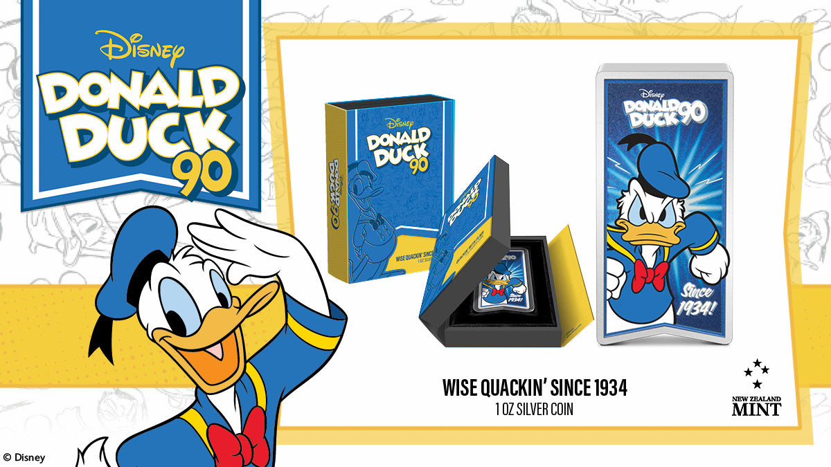 Celebrations kick off for Disney Donald Duck’s 90th anniversary! This 1oz pure silver collectible highlights a coloured image of Disney’s Donald Duck in his sailor shirt, bowtie, and cap. The anniversary logo and year of debut are engraved.