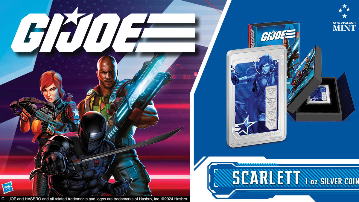 Since her debut in 1982, Scarlett has stood as a beacon of strength and empowerment. This 1oz pure silver G.I. Joe coin displays a bright, blue-coloured image of Scarlett in action, along with her name and icons showing her stats.